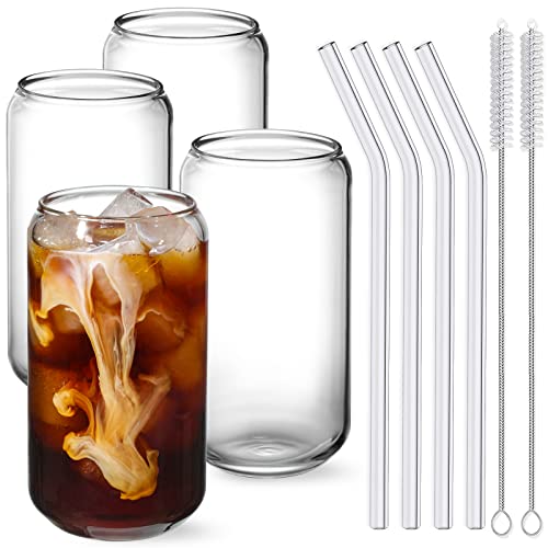 4pcs Set of 16oz Can Shaped Drinking Glasses with Glass Straws - Perfect for Whiskey, Soda, Tea, and Water
