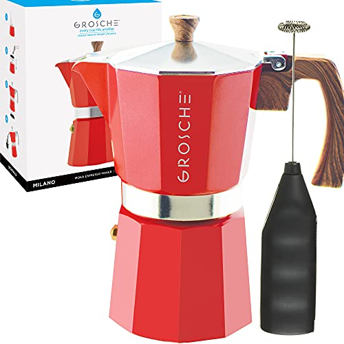 GROSCHE Milano Stovetop Espresso Maker (9 Espresso Cup, 15.2 oz) Pink, and Battery Operated Milk Frother Bundle for Lattes