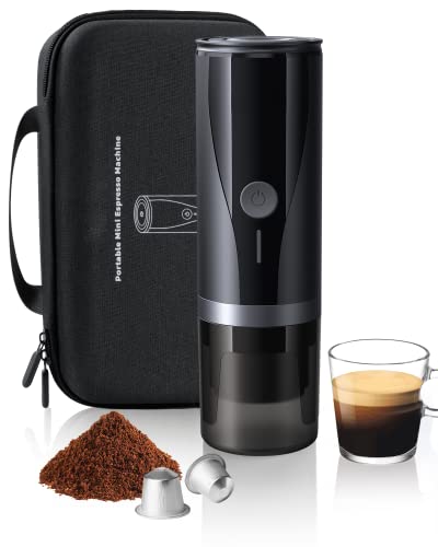 Moveable Mini Battery Espresso Machine with 3-4 Minutes Self-Heating, 20 Bar Small 12V 24V Car Coffee Maker with Carrying Case, Appropriate with NS Capsule & Floor Coffee for Tenting, Journey, RV.