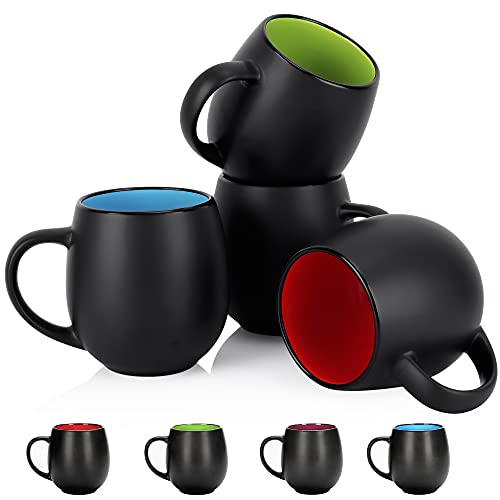 4 Pack Ceramic Coffee Mug Units, Vivimee 20 Ounce Large Coffee Mugs, Black Coffee Mug, Restaurant Coffee Cups for Coffee, Tea, Cappuccino, Cocoa, Cereal, Black exterior and Colourful inside.