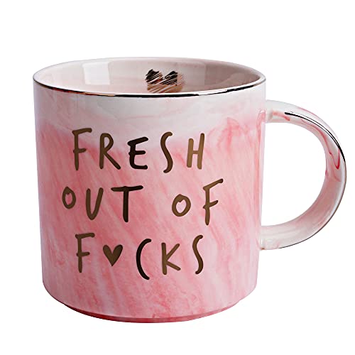 Funny Coffee Mugs Presents for Ladies - Sarcastic Novelty Cups Gag Present for Pals, Coworkers, Boss, Worker, Human Assets - Fresh Out Of - Inappropriate Cute Pink Marble Mug, 11.5oz Coffee Cup.