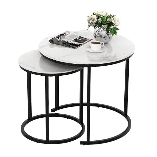 Round Coffee Table Set of two, Modern Accent Marble Texture Coffee Tables for Residing Room, Nesting Table for Reception Room and Workplace Room (Black).