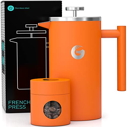 Gator French Press Espresso Maker - Thermal Insulated Brewer Plus Travel Jar - Massive Capability, Double Wall Stainless Metal - 34oz - Orange.