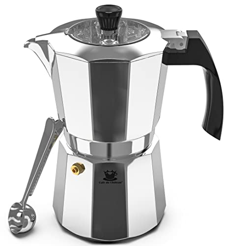 Indulge in the Perfect Espresso Experience with Cafe Du Chateau's 6-Cup Espresso Maker - Featuring a Transparent Top Lid, High Gloss Finish, and Bonus Coffee Clip Spoon!