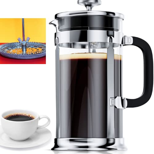 Experience Perfectly Brewed Coffee with Our French Press Coffee Maker - 34oz Capacity, Stainless Steel 304 Grade, Double Filter for Optimal Flavor, Heat Resistant Glass Pot, Comes with 2 Extra Screens!