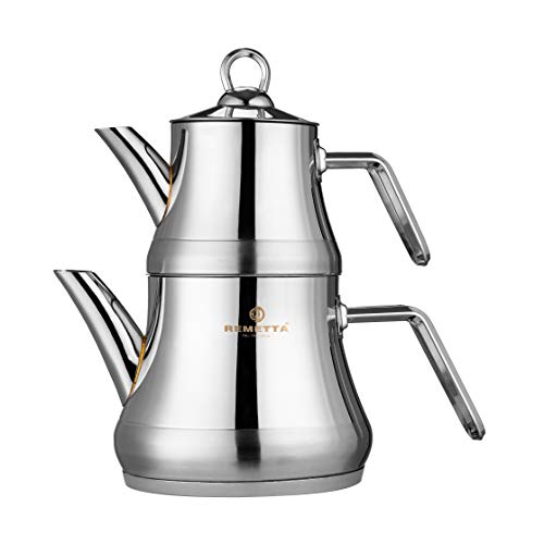 Remetta Turkish Teapot Set with Steam Lid 4 PCS Stainless Metal Additional Thick Handles Induction Appropriate Turkish Tea Set Complete capability is 2.5LT.