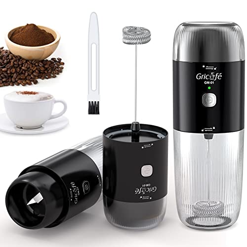 2-in-1 USB Rechargeable Milk Frother and Coffee Grinder - Double Whisk Foam Maker and Electric Blade Grinder for Coffee, Espresso, and Latte.