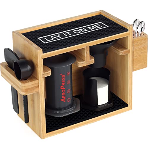 Organizer Holder for AeroPress Coffee Maker - Bamboo Storage Stand Caddy Station - Holds Stirrer, Spoon. Filters, Cups - with Silicone Dripper Mats - for Wall, Counter, or Inside Cupboard.