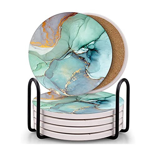 Britimes Coasters for Drinks Absorbent with Metal Holder Stand, Ceramic Stone Coaster Units of 6, Marble Fashion Coaster for Espresso Wood Desk, Housewarming Reward Turquoise.