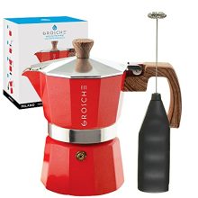 Milano Stovetop Espresso Maker (3 Espresso Cup Size, 5 oz) in Crimson with Battery-Operated Milk Frother Bundle