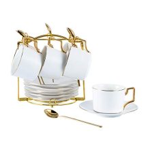 19Pcs Porcelain Coffee Cups and Saucers Set of 6 Matte White, 7 Ounce Tea Cup Set, Espresso Cups, Cappuccino Cup Gold Edge with Holder.