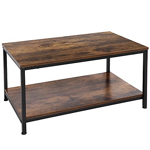 2-Tier Industrial Coffee Table with Storage Shelf for Small Apartment Residing Room, Rectangle Wooden and Secure Steel TV Stand Facet Finish Table, Rustic Brown.