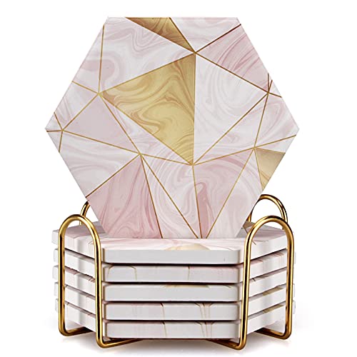 Hexagon Pink Marble Coasters with Holder