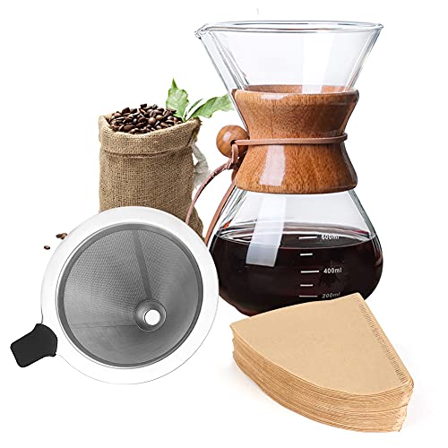 Pour Over Coffee Maker, BicycleStore Paperless Glass Carafe with 100 Filter Paper Reusable Glass Coffee Pot Handbook Dripper Brewer Hand Drip with Stainless Metal Filter for Home Journey (14 oz/400 ml).