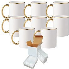 Set of 8, 11 oz. Ceramic Sublimation Mugs - GOLD Rim &  Deal with- Cardboard Field with Foam Helps.