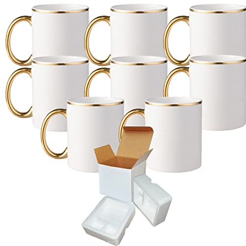 Set of 8, 11 oz. Ceramic Sublimation Mugs - GOLD Rim &  Deal with- Cardboard Field with Foam Helps.