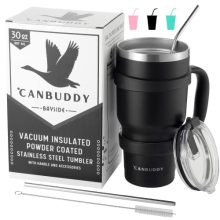 30 oz Stainless Steel Tumbler / Coffee Mug with Lid, Straw and Handle - Powder Coated Large Travel Tumbler with Handle - Travel Mugs Insulated for Hot and Cold 30oz (Majestic Black).