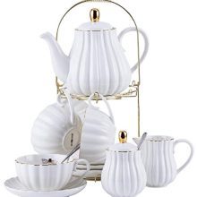 17-Piece Porcelain Tea Set in White - Includes 8 OZ Coffee/Tea Cups, Saucers, Spoons, Teapot, and Creamer.
