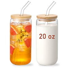 20 OZ Glass Cups with Bamboo Lids and Glass Straw
