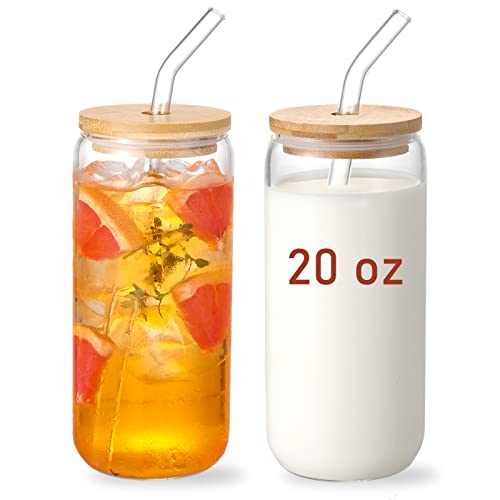 20 OZ Glass Cups with Bamboo Lids and Glass Straw