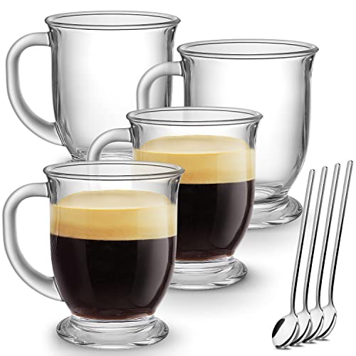 Glass Coffee Mugs Set of 4, MFacoy Clear Coffee Mug 15 Oz, Giant Glass Mugs With Handles for Sizzling Drinks, Clear Mugs for Tea, Cappuccino, Latte, Espresso Coffee, Juice, Glass Coffee Cups.