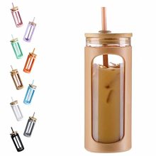 20oz Glass Water Tumble with Straw and Lid, Bamboo Lids Water Bottle, Iced Espresso Cup Reusable, Huge Mouth Smoothie Cups, Straw Silicone Protecting Sleeve BPA FREE-Amber.
