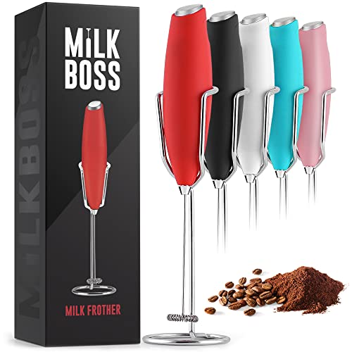 Milk Boss Highly effective Milk Frother Handheld With Upgraded Holster Stand - Espresso Frother Electrical Handheld Foam Maker - Milk Frother For Espresso, Lattes, Matcha & Extra - Electrical Whisk Frother (Pink).