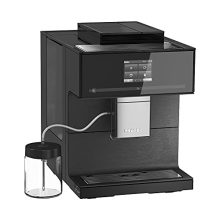 Miele CM 7750 CoffeeSelect Automatic Wifi Coffee Maker in obsidian black, featuring a sleek design, built-in milk frother, cup warmer, and multiple bean containers for versatile coffee brewing.
