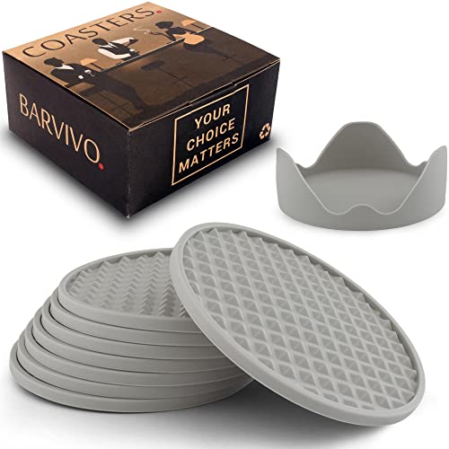 Anti-Slip Silicone Drink Coasters with Holder - Set of 8 Gray Cups for Indoor and Outdoor Use, Durable Tabletop Protection, Fits Various Drinks and Table Types.