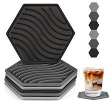 Hexagonal Silicone Drink Coasters - Set of 6 in Three Cool Colors, Non-Slip for Wooden Desks and Soft for Coffee Tables.