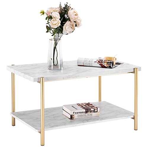 Elegant Champagne Gold 2-Tier Coffee Table with White Faux Marble Top & Sturdy Metal Frame for Living Room, 36" Minimalistic Design with Unique Cylindrical Legs.