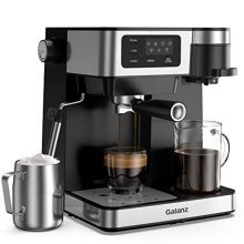 Galanz 2-in-1 Pump Espresso and Coffee Maker with Milk Frother, featuring a digital display, touch control, and a built-in steam wand for creating rich espresso and creamy froth.