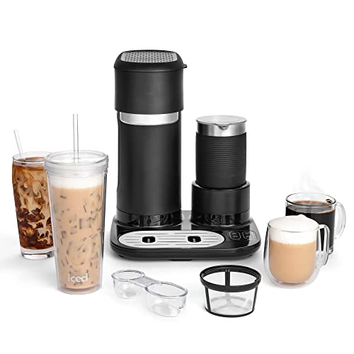 4-in-1 Single-Serve Latte, Iced, and Hot Coffee Maker with Milk Frother in Black.
