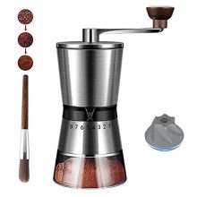 Durable ceramic burr grinder for coffee beans, featuring 8 grind settings and ergonomic stainless steel crank handle. 