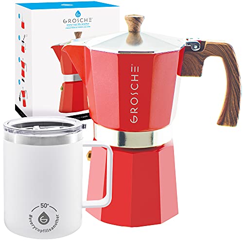GROSCHE Milano 9-Cup Stovetop Espresso Maker and Everest White Stainless Steel Coffee Mug Bundle