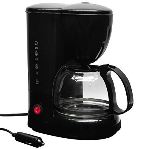 12-Volt Coffee Maker with Glass Carafe and Reusable Filter - 20oz Capacity.