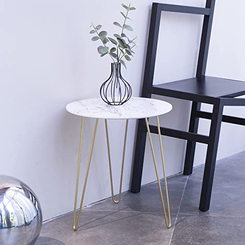 Round Side Table, Easy Assembly Small Side Table, for Residing Room, Bed room, Small Tables/Nightstand, Bedside Table White &  Marble by Mostrare (Marble Sample).