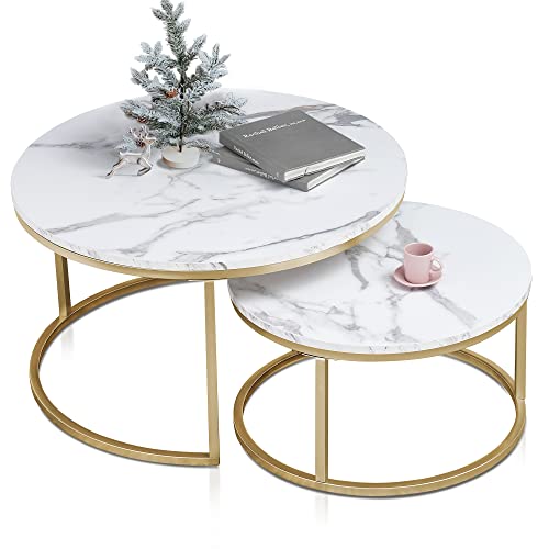 Stylish Nesting Coffee Table Set - White Marble and Gold Metal Legs, 31.5 in Diameter, Ideal for Living Room Accent Decor. 