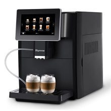 Hipresso Super Automatic Espresso Machine with 7" HD touchscreen, automatic milk frother, and personalized drink settings for espresso, cappuccinos, and lattes. 