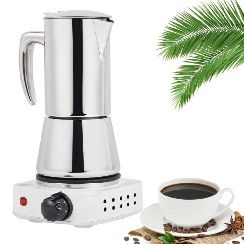 Stainless Metal Moka Pot 6 Cup/10oz/300ml Stovetop Espresso Coffee Maker with 500W Hot Plate 110V.