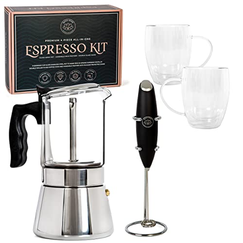 Complete Home Moka Pot Set with 9 Cup Coffee Percolator, Glass Mugs, and Milk Frother - Perfect for Brewing Cuban or Italian Style Coffee on Stovetop.
