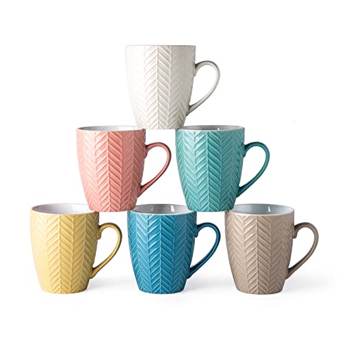 Set of 6 Textured Pine Needle Ceramic Coffee Mugs - 18oz, Dishwasher & Microwave Safe.