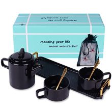 Porcelain Tea Gift Units, Black 6-Piece China Ceramic Coffee Set, Including 1 Teapot, 2 Teacups, 2 Teaspoon and 1 Serving Tray, Perfect for Coffee, Latte, Espresso, Afternoon Tea Party. 