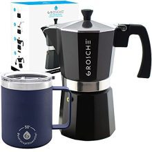 Milano Black Stovetop Espresso maker 9 Espresso cup measurement moka pot and Everest Blue Stainless Metal 14 ouncescoffee mug Vacuum insulated Bundle.