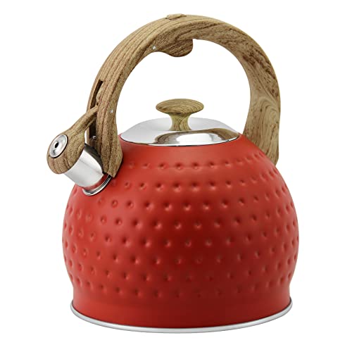 Elegant Design meets Functionality: 3.2 Quart Red Polka Dot Tea Kettle with Hammered Stainless Steel & Wood Pattern Handle - Stove Top Water Boiler Teapot with Whistle