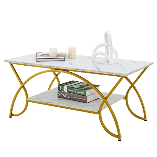 2-Tier Rectangular Coffee Table, Modern Chic Cocktail Table with Open Storage Shelf, Gold Completed Steel Body, Fake Marble Middle Tabl for Residing Room, Reception Room, White/Gold.