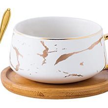 10 oz Luxurious Golden Hand Print Coffee Teacup with Bamboo Saucer Set Vogue Marble Sample for Ladies TCS19 (White).