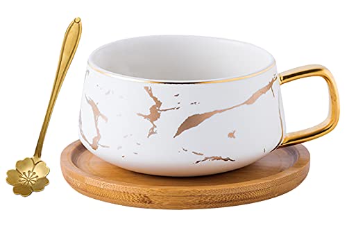 10 oz Luxurious Golden Hand Print Coffee Teacup with Bamboo Saucer Set Vogue Marble Sample for Ladies TCS19 (White).