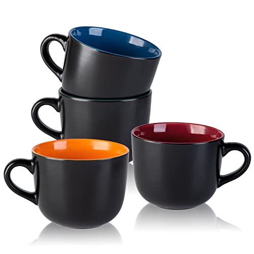 24 oz Large Coffee and Soup Mugs Set of 4, Jumbo Cereal Soup Bowls Mugs with handles for Cappuccino Snacks Soup, Microwave & Dishwasher protected (Matte Black-Combine).