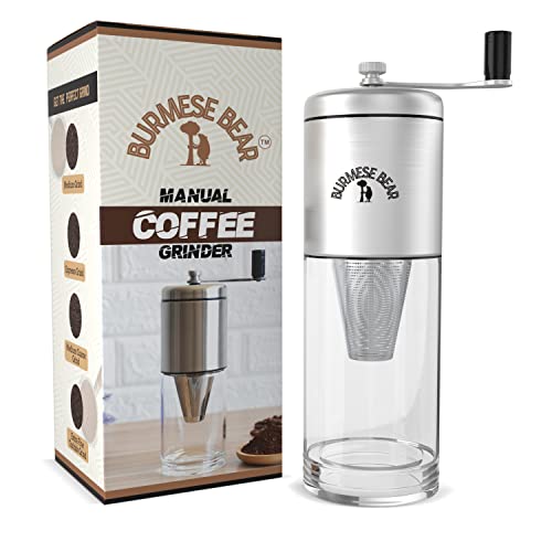 Get the Perfect Grind with Burmese Bear - Manual Coffee Grinder with Ceramic Conical Burr Mill, Ergonomic Handle and Built-In Filter.